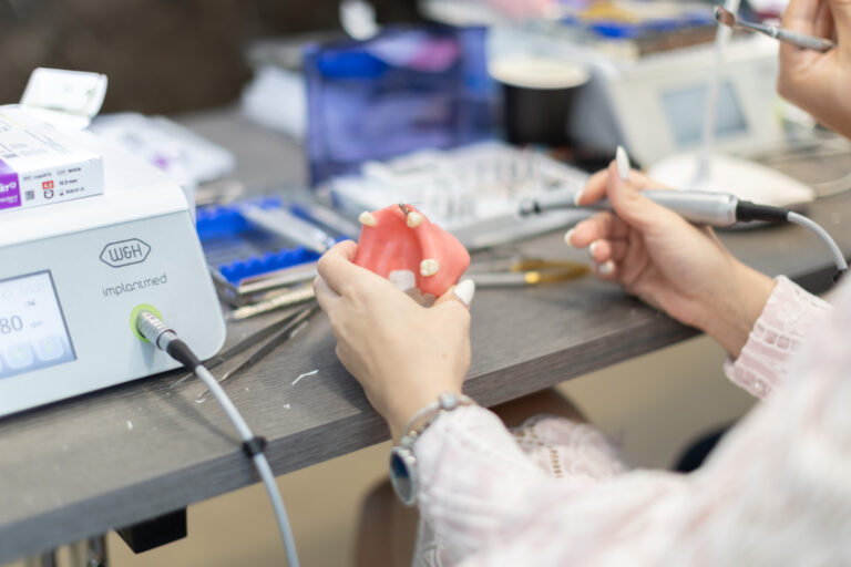Dentist holding dental model and tools on table.